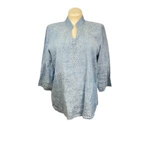 Orvis Women's Blue Tunic Top 100% Linen Embroidered V Neck‎ Preowned